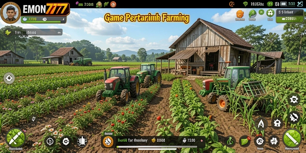 Screenshot gameplay EMON777 yang menunjukkan aktivitas bertani yang seru.