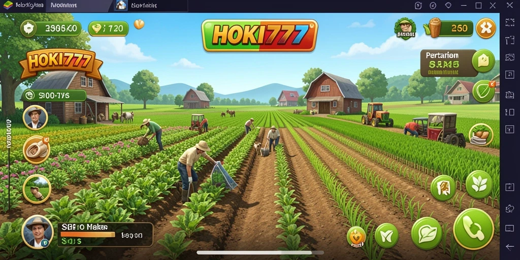 Screenshot gameplay HOKI777 menampilkan ladang yang subur dan aktivitas bertani.