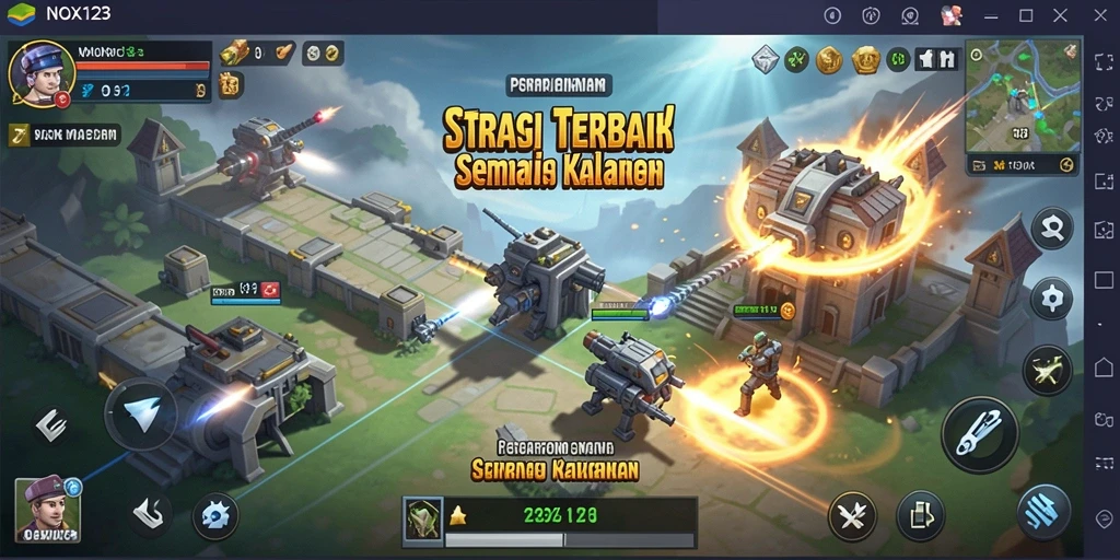 Screenshot gameplay NOX123 menampilkan pertarungan strategi yang mendebarkan.
